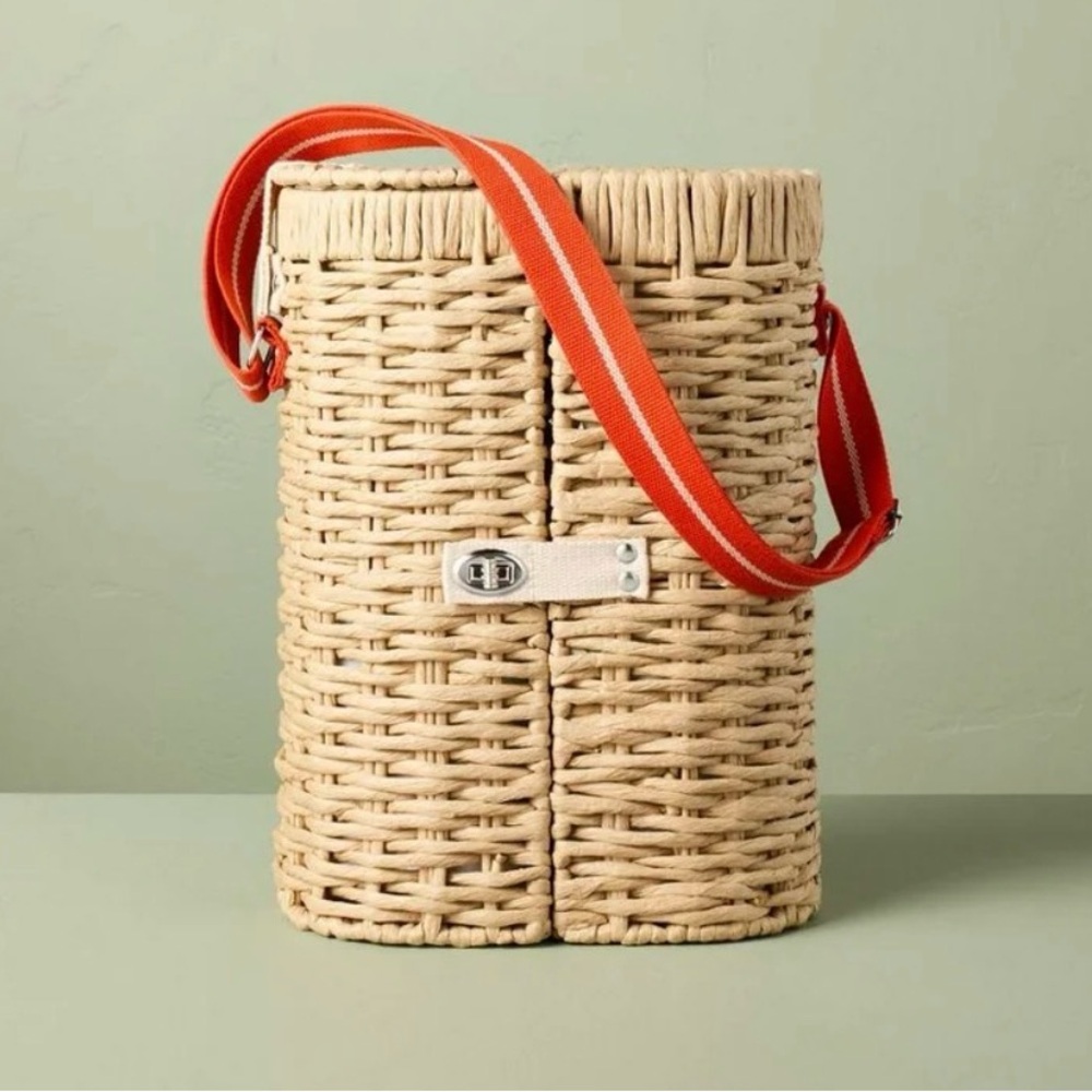 Hearth & Hand Woven Bottle & Accessory Basket Carrier W/ Orange Strap NWT